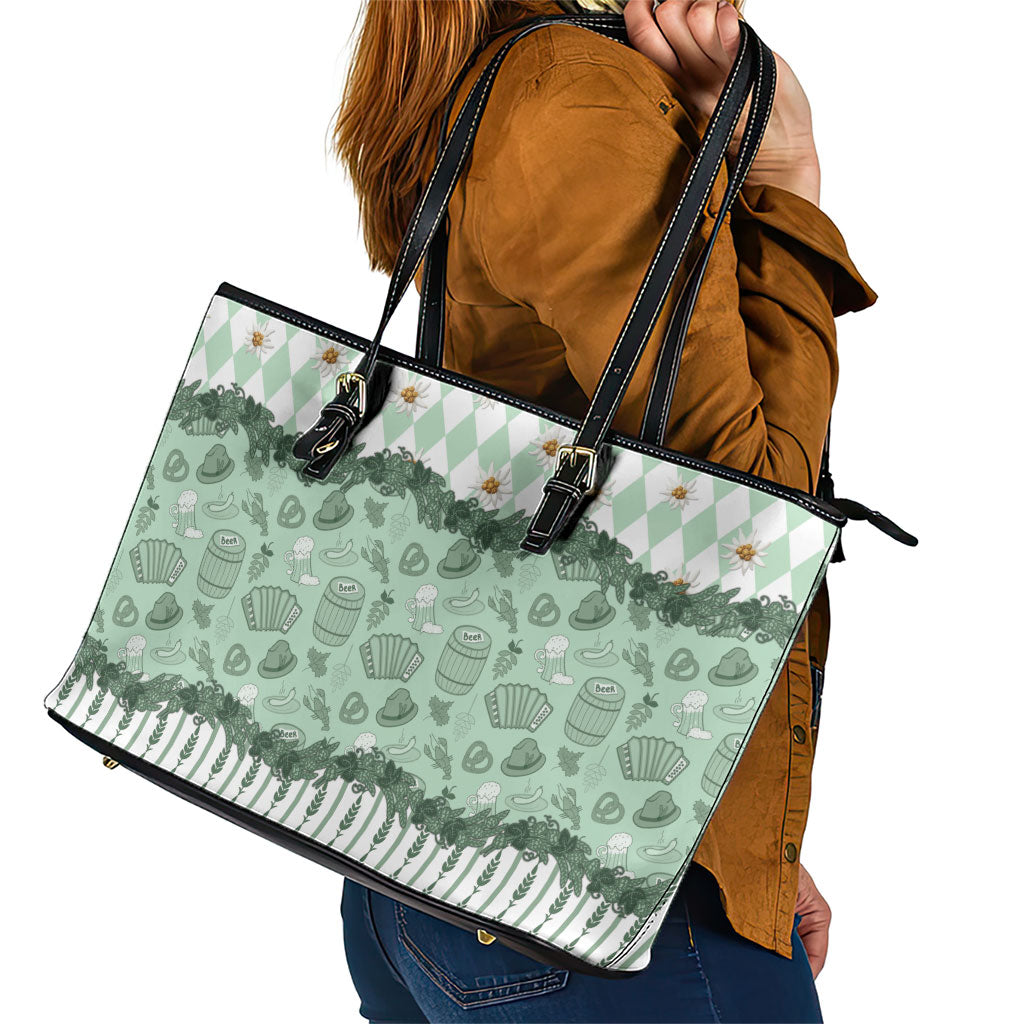 Oktoberfest Bavarian Heritage Leather Tote Bag Edelweiss Beer Festival Green Pattern