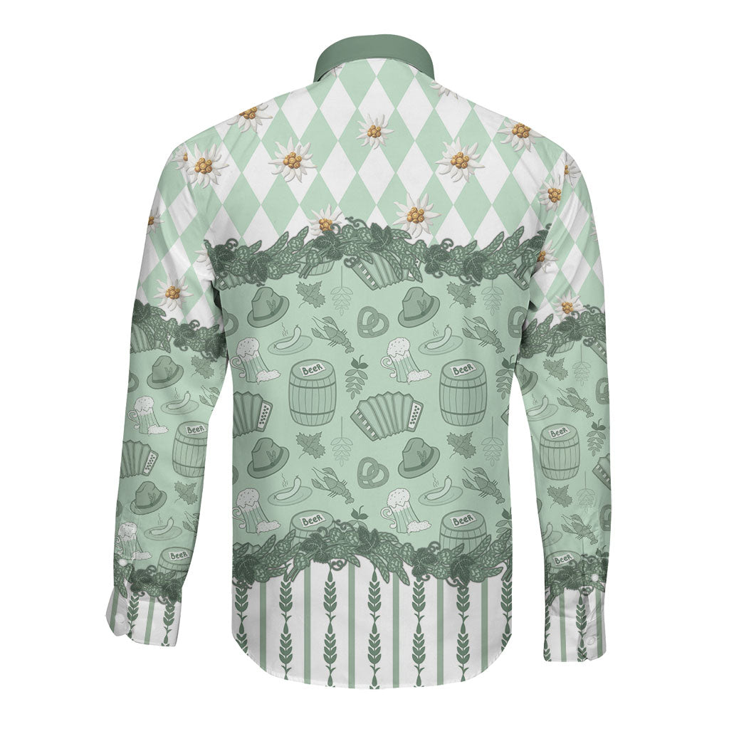 Oktoberfest Bavarian Heritage Long Sleeve Button Shirt Edelweiss Beer Festival Green Pattern
