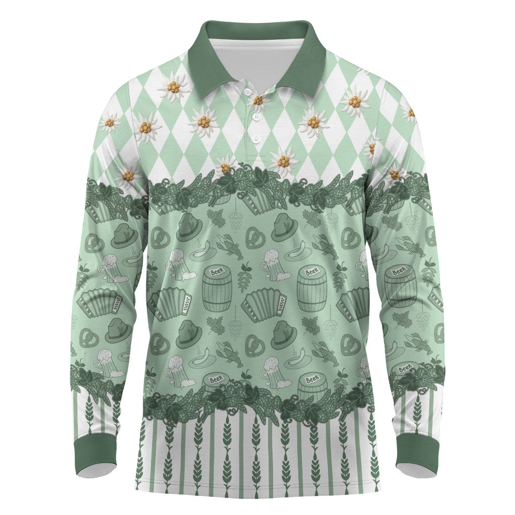 Oktoberfest Bavarian Heritage Long Sleeve Polo Shirt Edelweiss Beer Festival Green Pattern