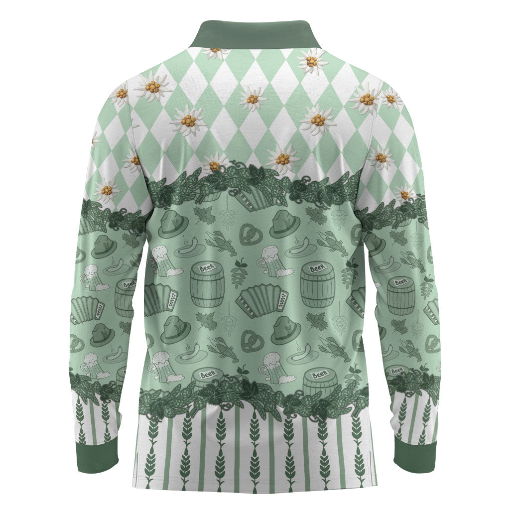 Oktoberfest Bavarian Heritage Long Sleeve Polo Shirt Edelweiss Beer Festival Green Pattern