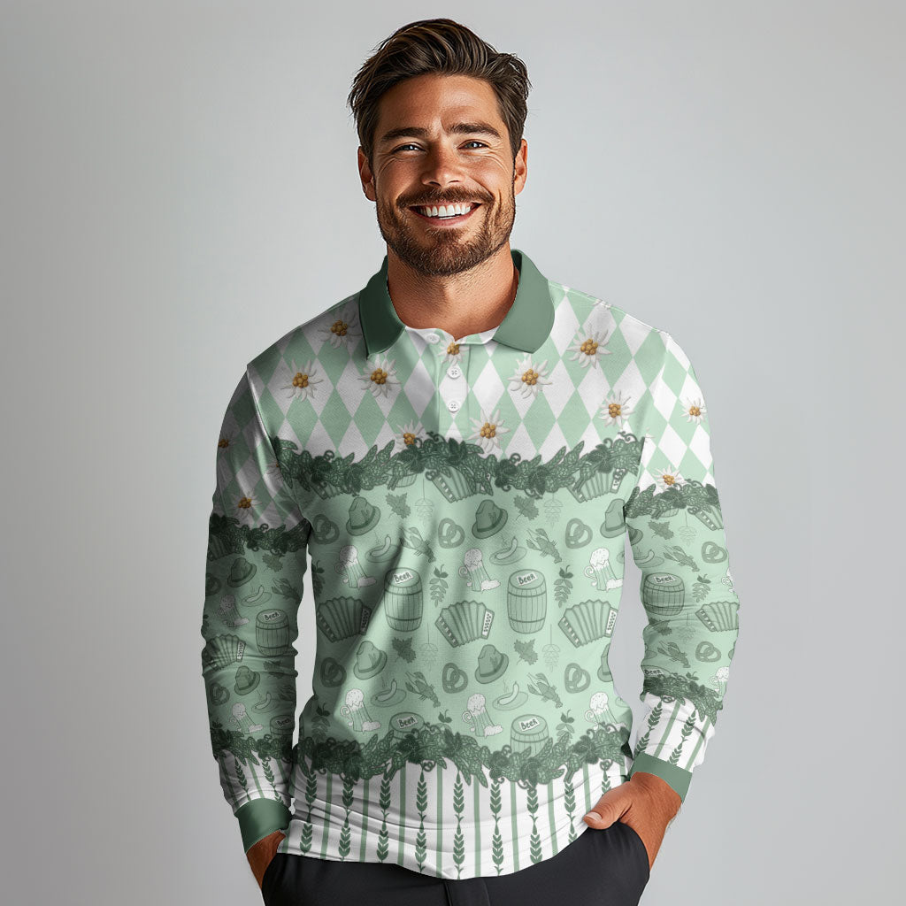 Oktoberfest Bavarian Heritage Long Sleeve Polo Shirt Edelweiss Beer Festival Green Pattern