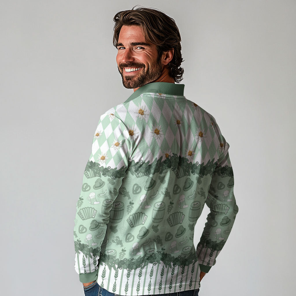 Oktoberfest Bavarian Heritage Long Sleeve Polo Shirt Edelweiss Beer Festival Green Pattern