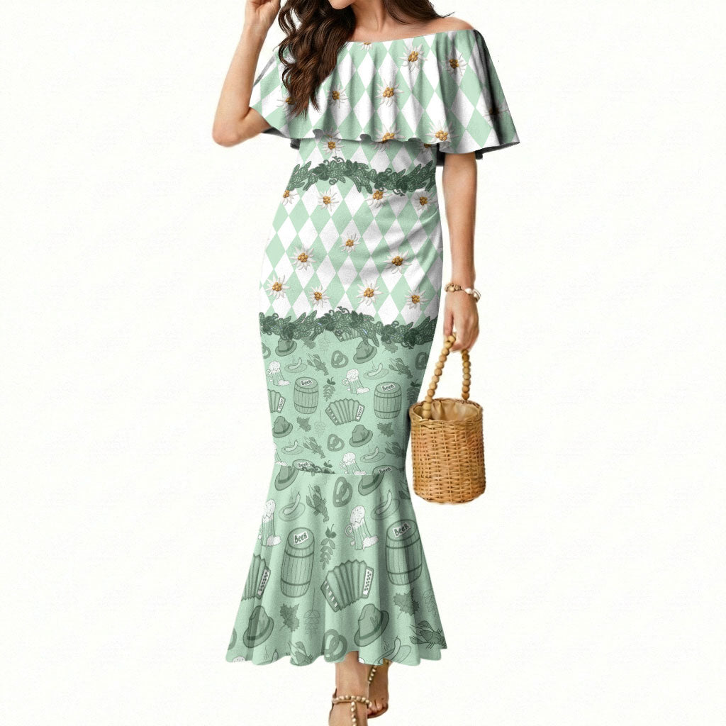 Oktoberfest Bavarian Heritage Mermaid Dress Edelweiss Beer Festival Green Pattern