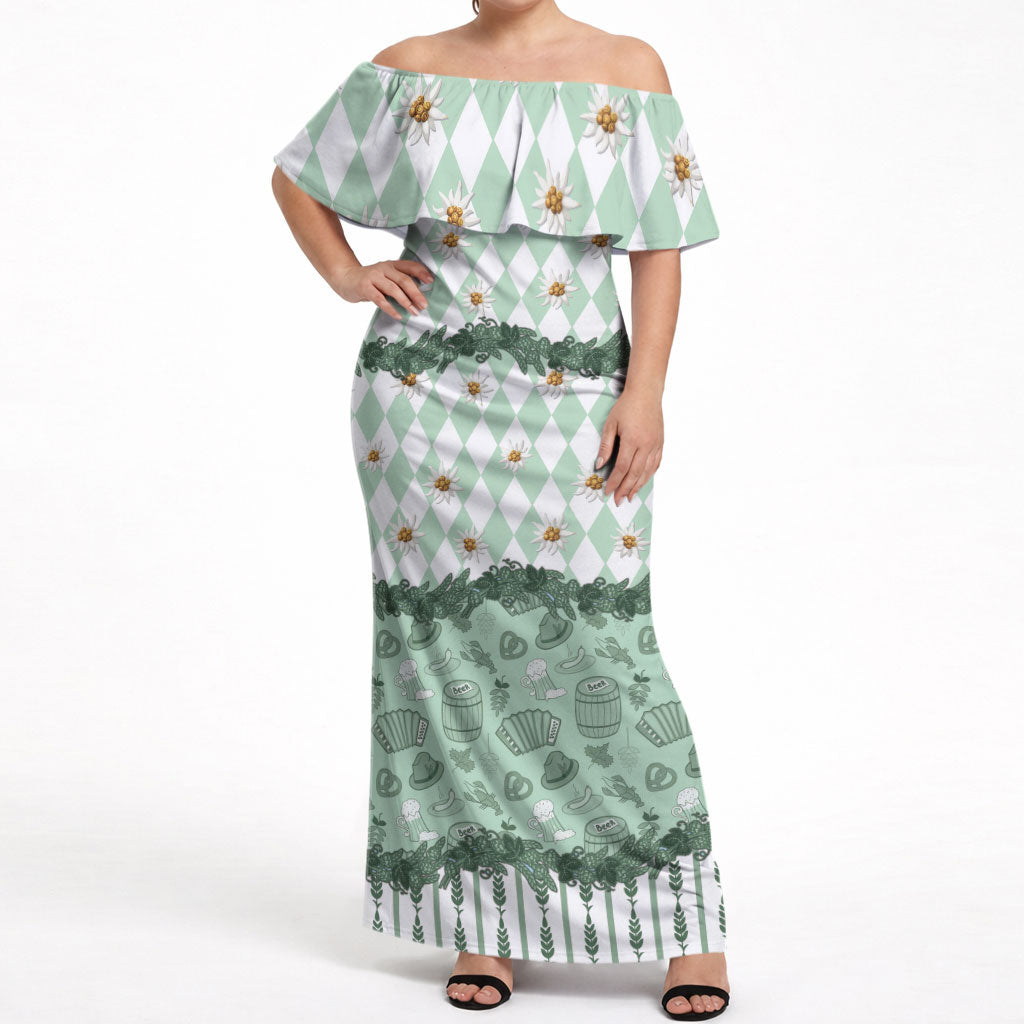 Oktoberfest Bavarian Heritage Off Shoulder Maxi Dress Edelweiss Beer Festival Green Pattern