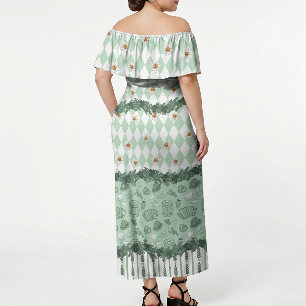 Oktoberfest Bavarian Heritage Off Shoulder Maxi Dress Edelweiss Beer Festival Green Pattern