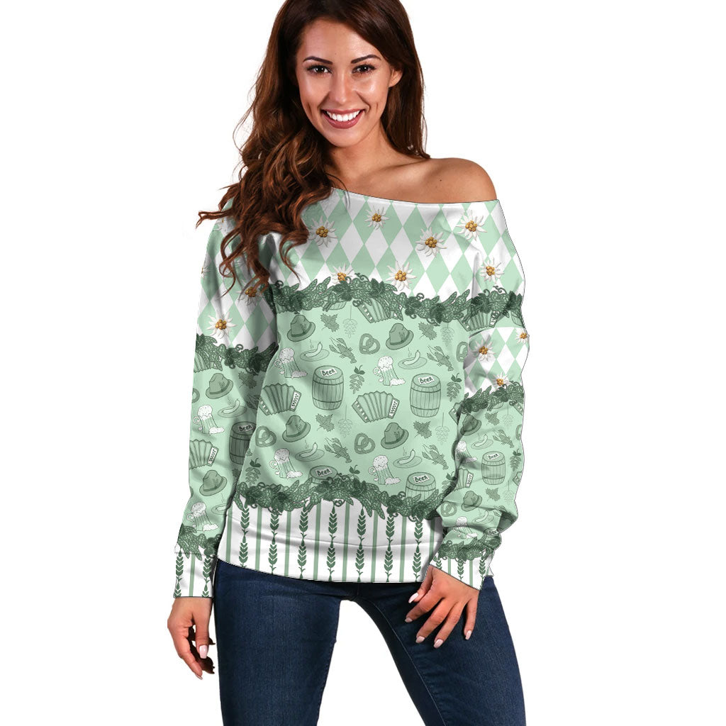 Oktoberfest Bavarian Heritage Off Shoulder Sweater Edelweiss Beer Festival Green Pattern