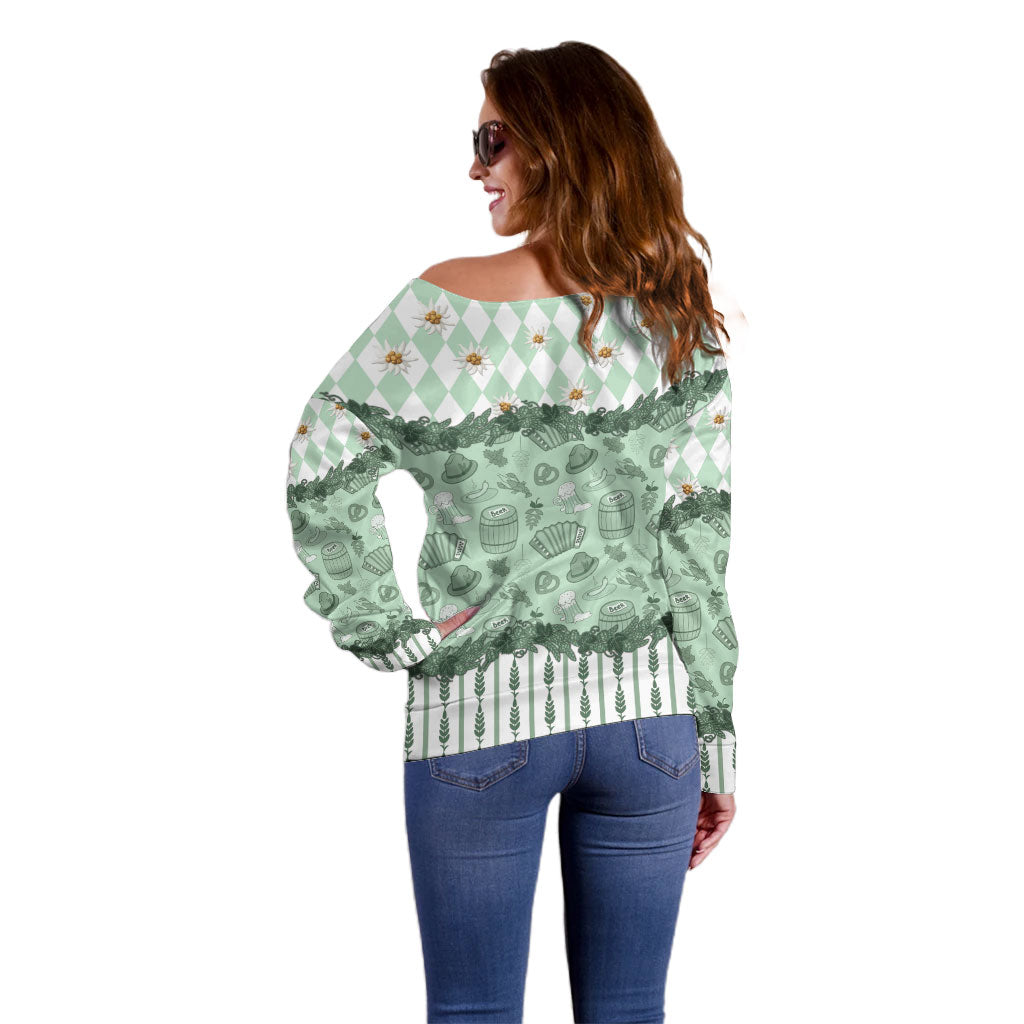 Oktoberfest Bavarian Heritage Off Shoulder Sweater Edelweiss Beer Festival Green Pattern