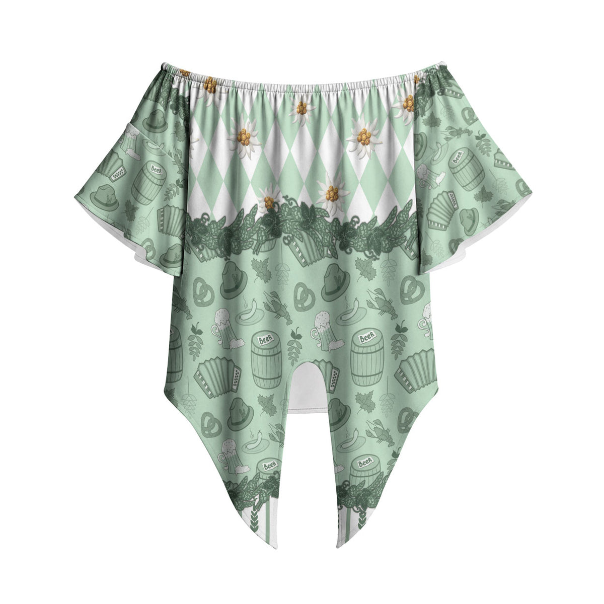 Oktoberfest Bavarian Heritage Off Shoulder Wrap Waist Top Edelweiss Beer Festival Green Pattern