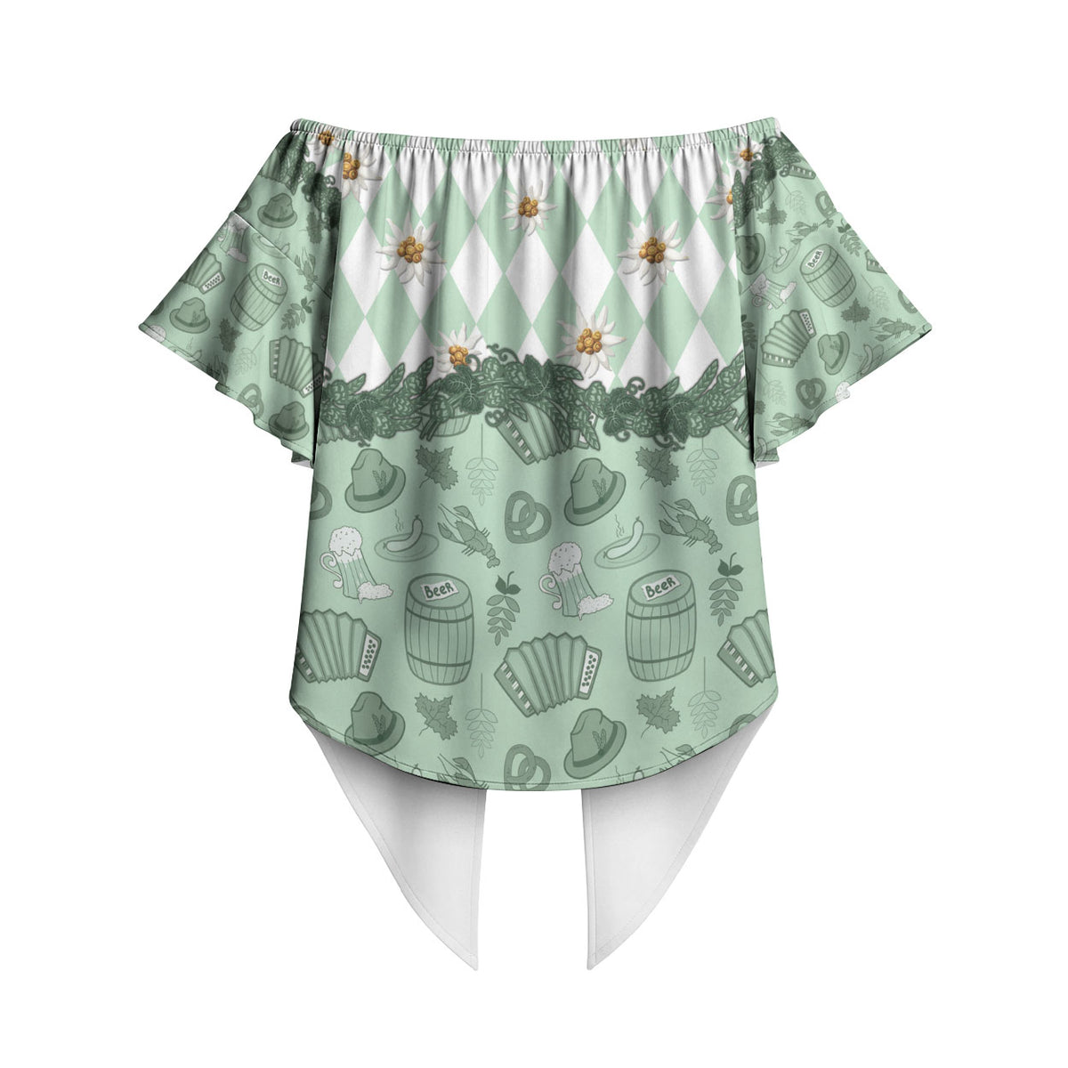 Oktoberfest Bavarian Heritage Off Shoulder Wrap Waist Top Edelweiss Beer Festival Green Pattern