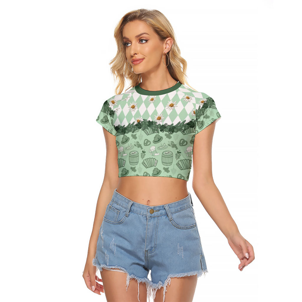 Oktoberfest Bavarian Heritage Raglan Cropped T Shirt Edelweiss Beer Festival Green Pattern