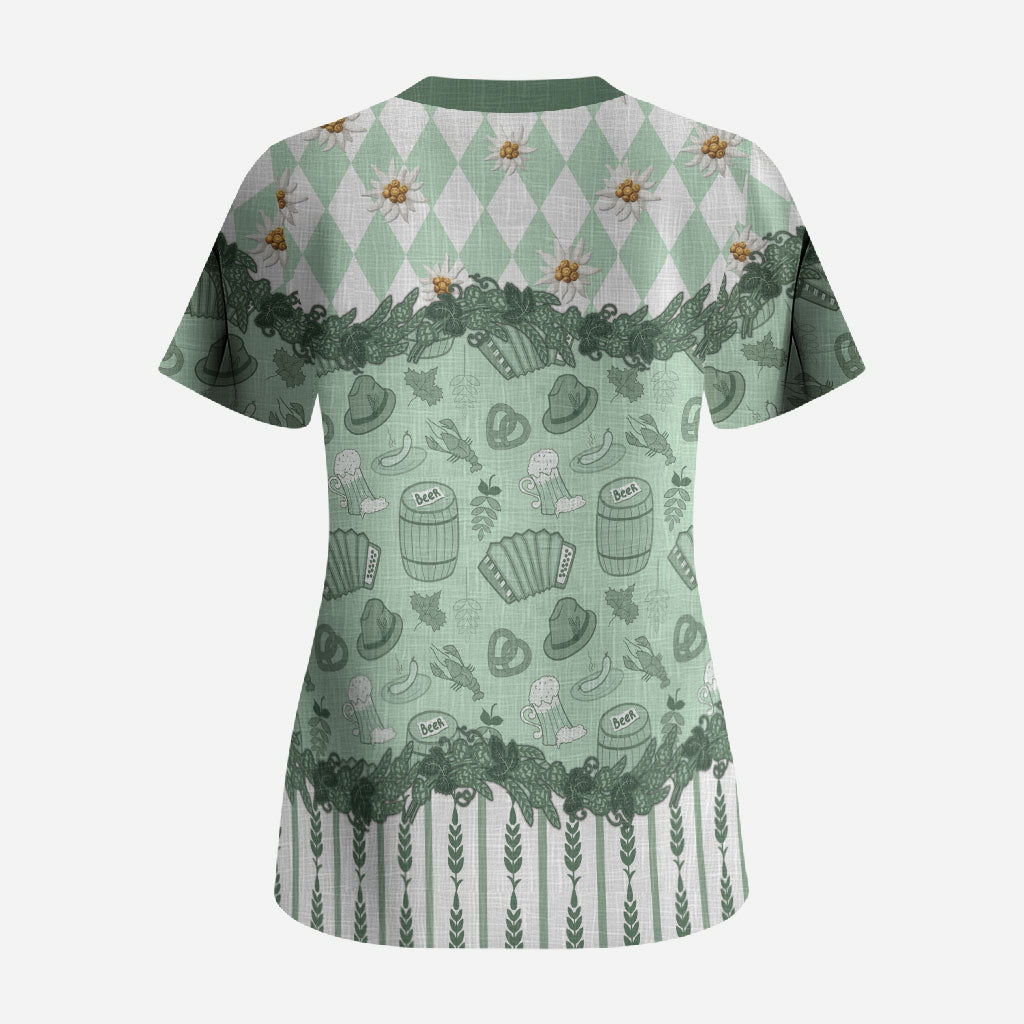 Oktoberfest Bavarian Heritage Scrub Top Edelweiss Beer Festival Green Pattern