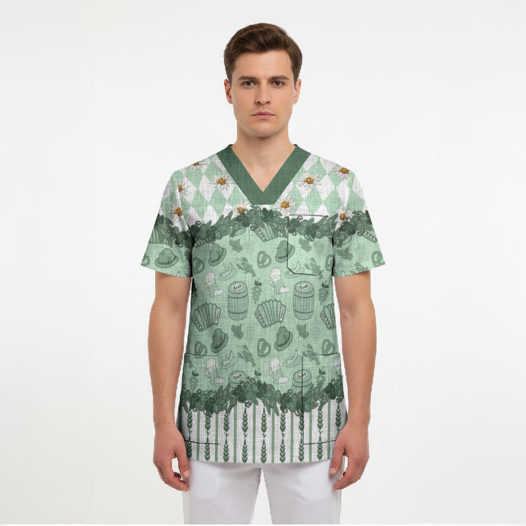 Oktoberfest Bavarian Heritage Scrub Top Edelweiss Beer Festival Green Pattern