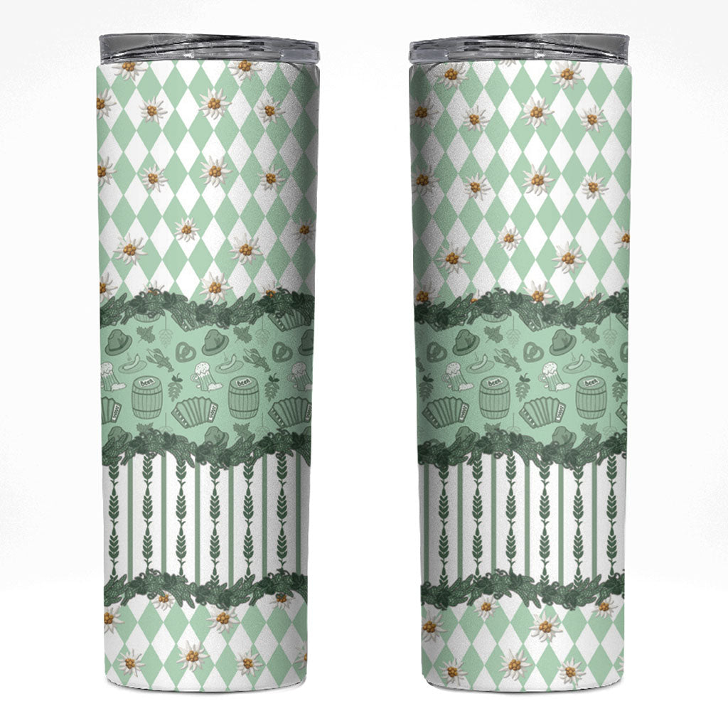 Oktoberfest Bavarian Heritage Skinny Tumbler Edelweiss Beer Festival Green Pattern