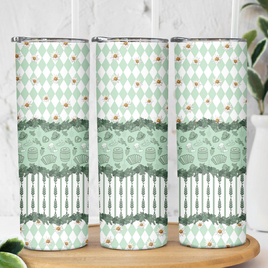 Oktoberfest Bavarian Heritage Skinny Tumbler Edelweiss Beer Festival Green Pattern