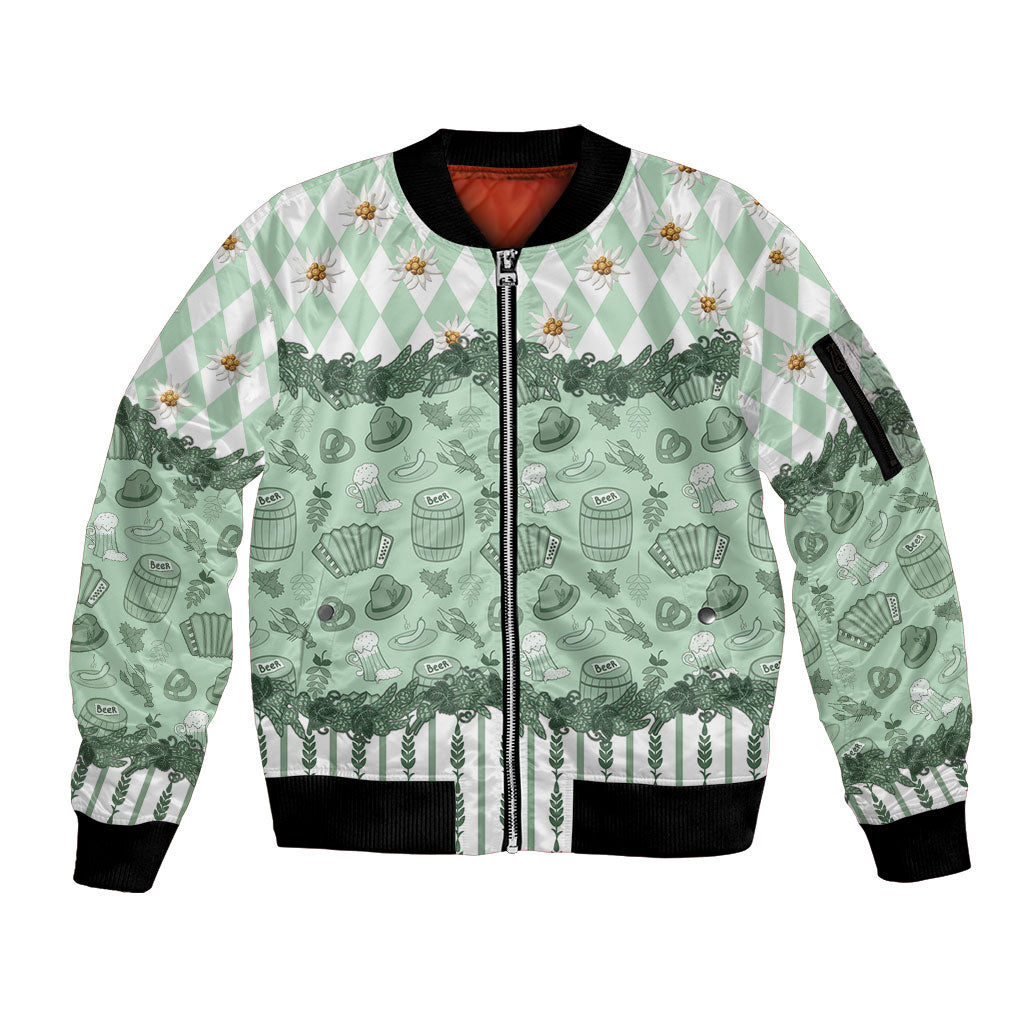 Oktoberfest Bavarian Heritage Sleeve Zip Bomber Jacket Edelweiss Beer Festival Green Pattern