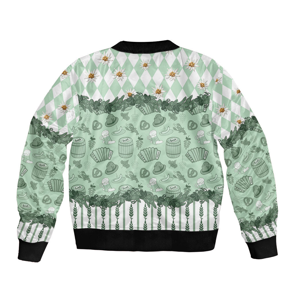 Oktoberfest Bavarian Heritage Sleeve Zip Bomber Jacket Edelweiss Beer Festival Green Pattern