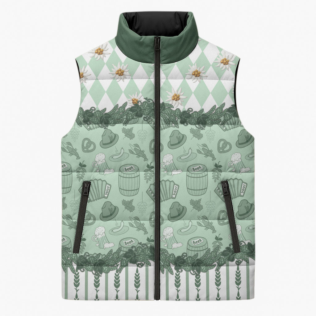 Oktoberfest Bavarian Heritage Sleeveless Puffer Jacket Edelweiss Beer Festival Green Pattern