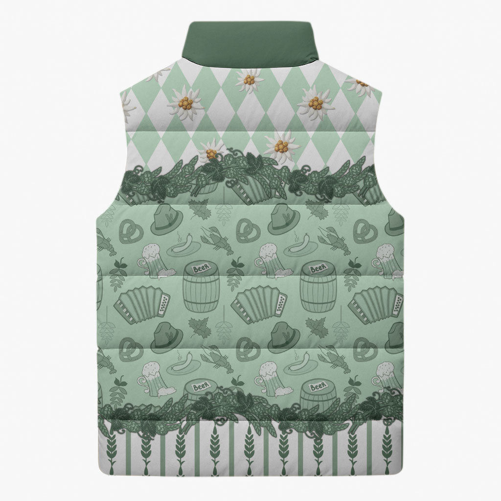 Oktoberfest Bavarian Heritage Sleeveless Puffer Jacket Edelweiss Beer Festival Green Pattern