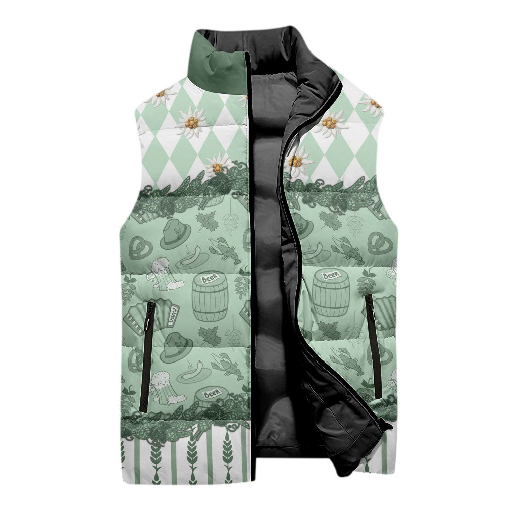 Oktoberfest Bavarian Heritage Sleeveless Puffer Jacket Edelweiss Beer Festival Green Pattern