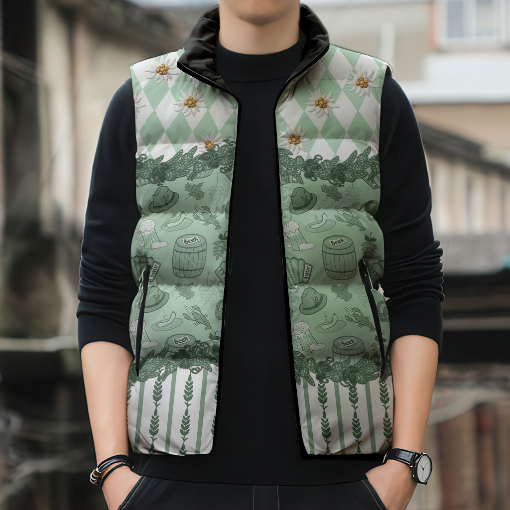 Oktoberfest Bavarian Heritage Sleeveless Puffer Jacket Edelweiss Beer Festival Green Pattern