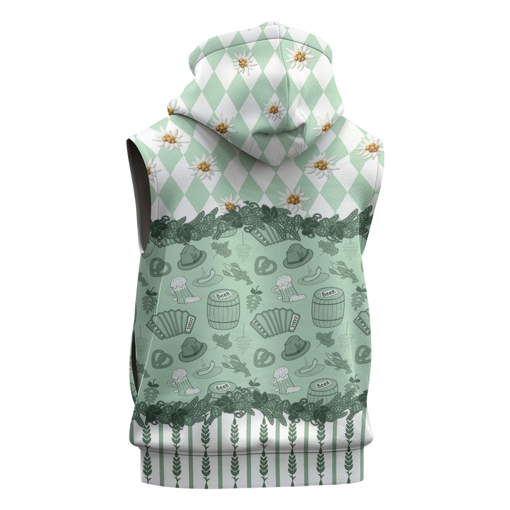 Oktoberfest Bavarian Heritage Sleeveless Zip Hoodie Edelweiss Beer Festival Green Pattern