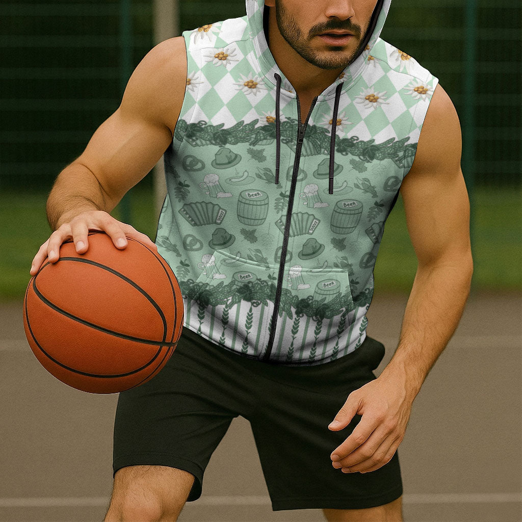 Oktoberfest Bavarian Heritage Sleeveless Zip Hoodie Edelweiss Beer Festival Green Pattern