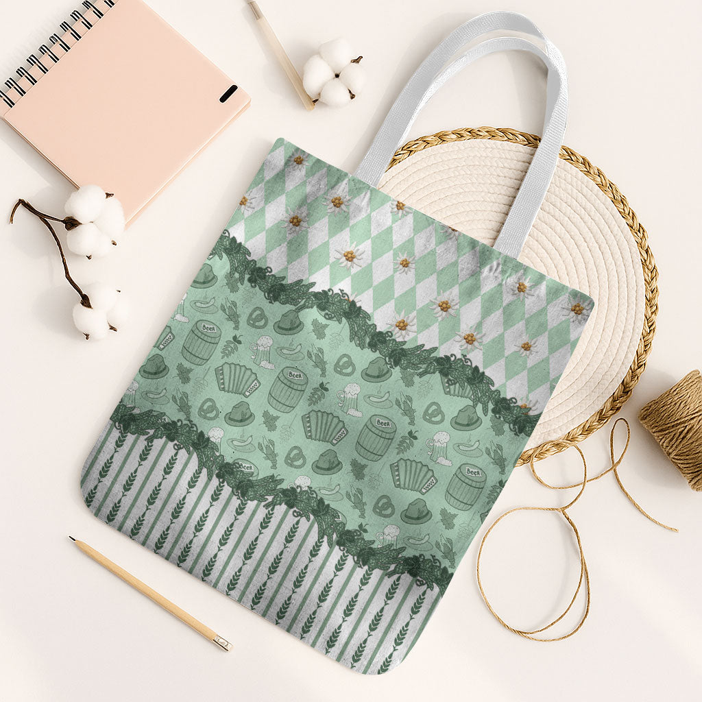 Oktoberfest Bavarian Heritage Tote Bag Edelweiss Beer Festival Green Pattern