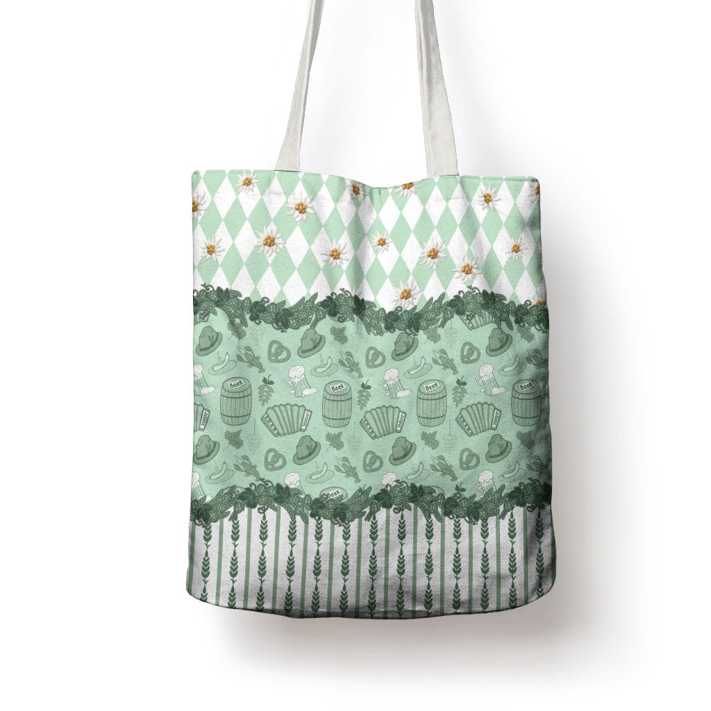 Oktoberfest Bavarian Heritage Tote Bag Edelweiss Beer Festival Green Pattern