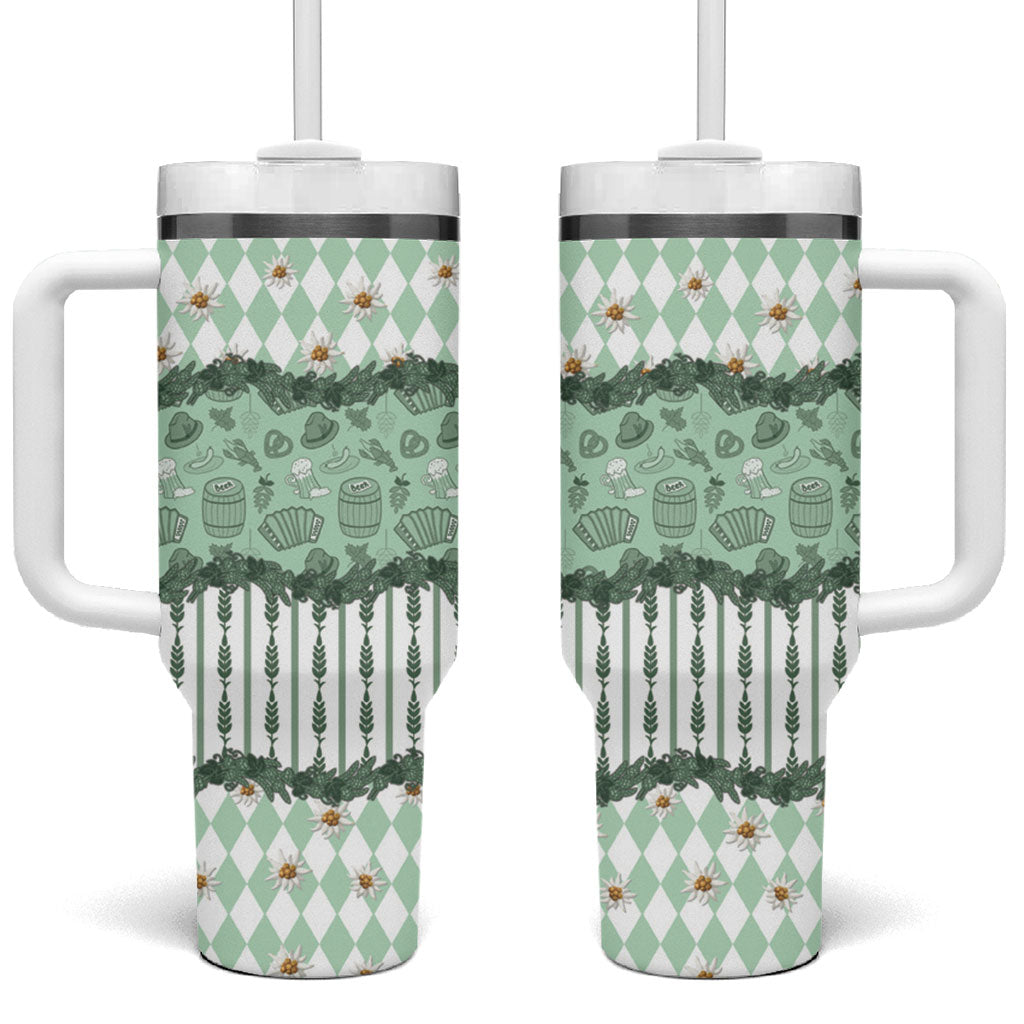 Oktoberfest Bavarian Heritage Tumbler With Handle Edelweiss Beer Festival Green Pattern
