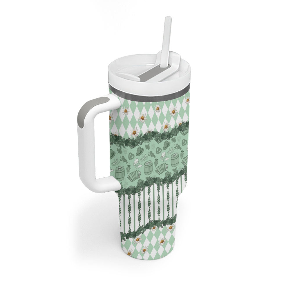 Oktoberfest Bavarian Heritage Tumbler With Handle Edelweiss Beer Festival Green Pattern
