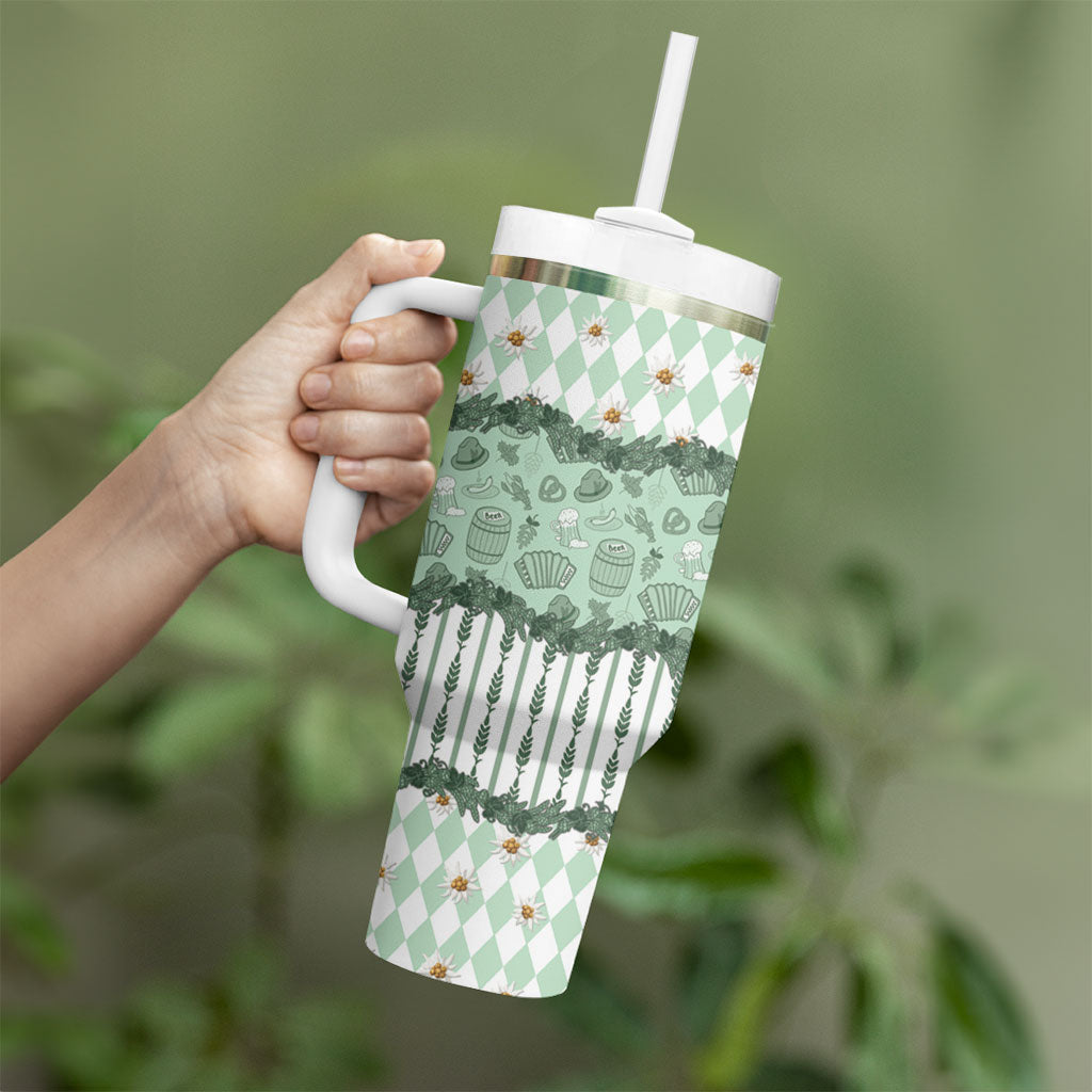 Oktoberfest Bavarian Heritage Tumbler With Handle Edelweiss Beer Festival Green Pattern