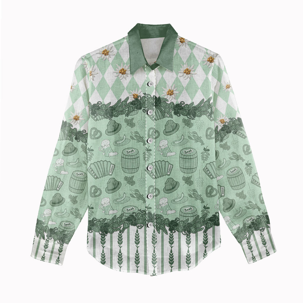 Oktoberfest Bavarian Heritage Women Casual Shirt Edelweiss Beer Festival Green Pattern