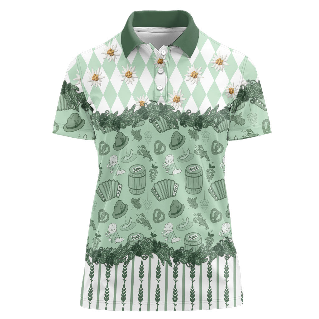 Oktoberfest Bavarian Heritage Women Polo Shirt Edelweiss Beer Festival Green Pattern