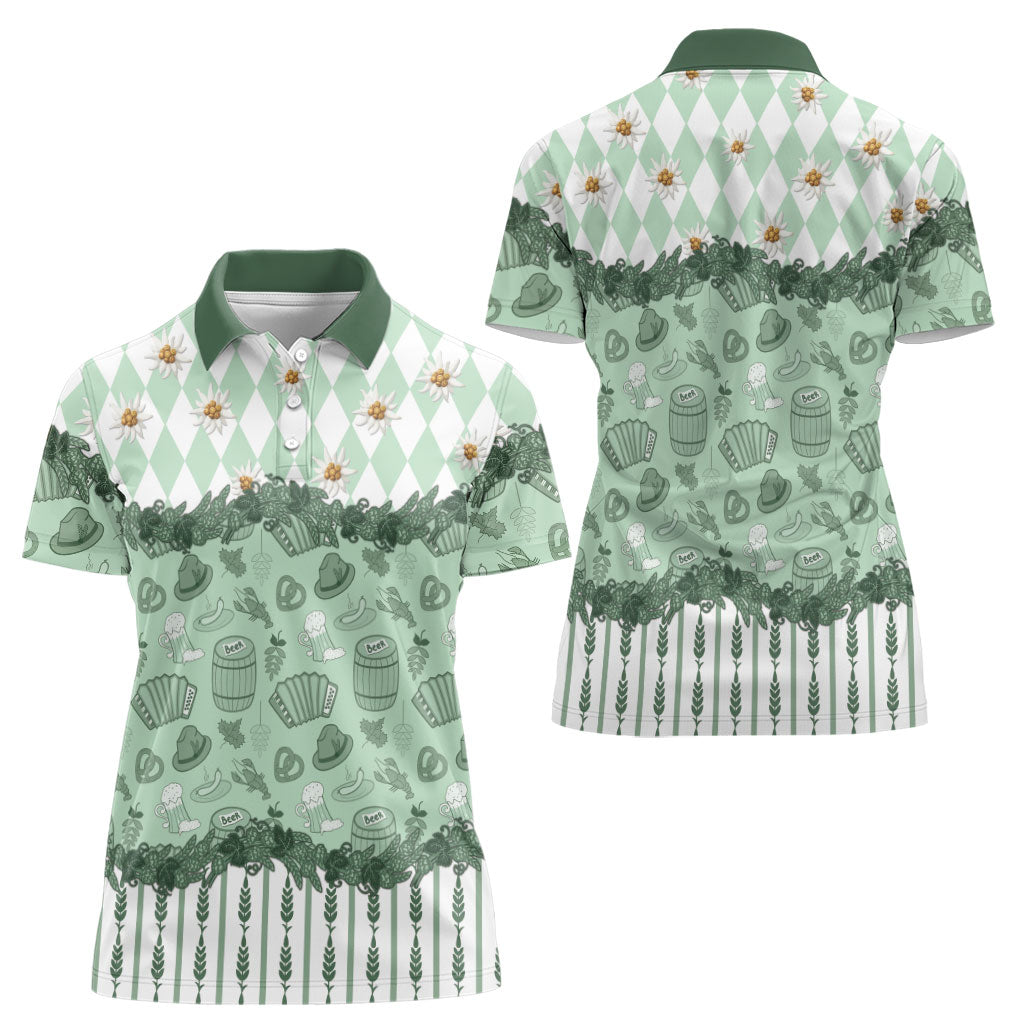 Oktoberfest Bavarian Heritage Women Polo Shirt Edelweiss Beer Festival Green Pattern