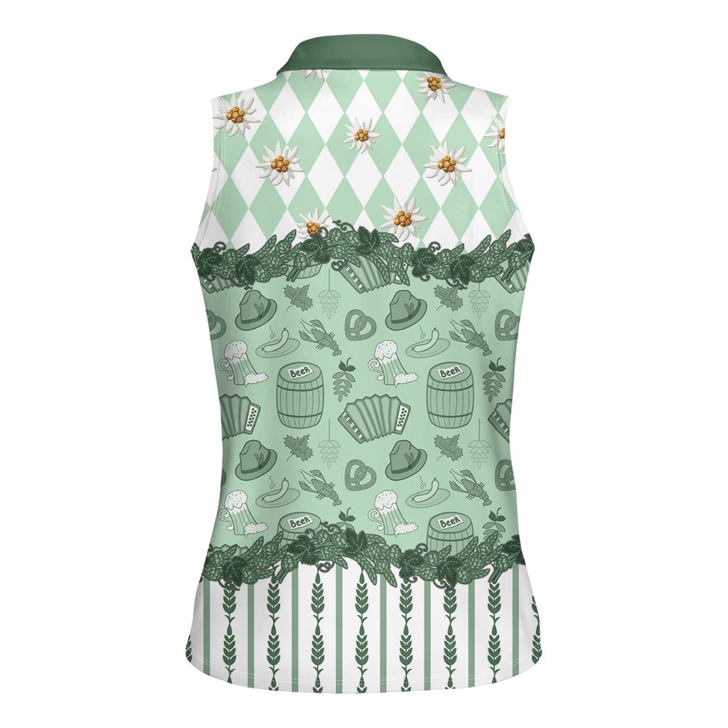 Oktoberfest Bavarian Heritage Women Sleeveless Polo Shirt Edelweiss Beer Festival Green Pattern