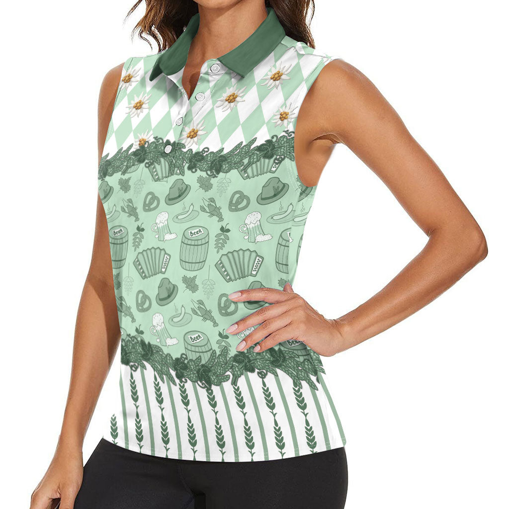Oktoberfest Bavarian Heritage Women Sleeveless Polo Shirt Edelweiss Beer Festival Green Pattern