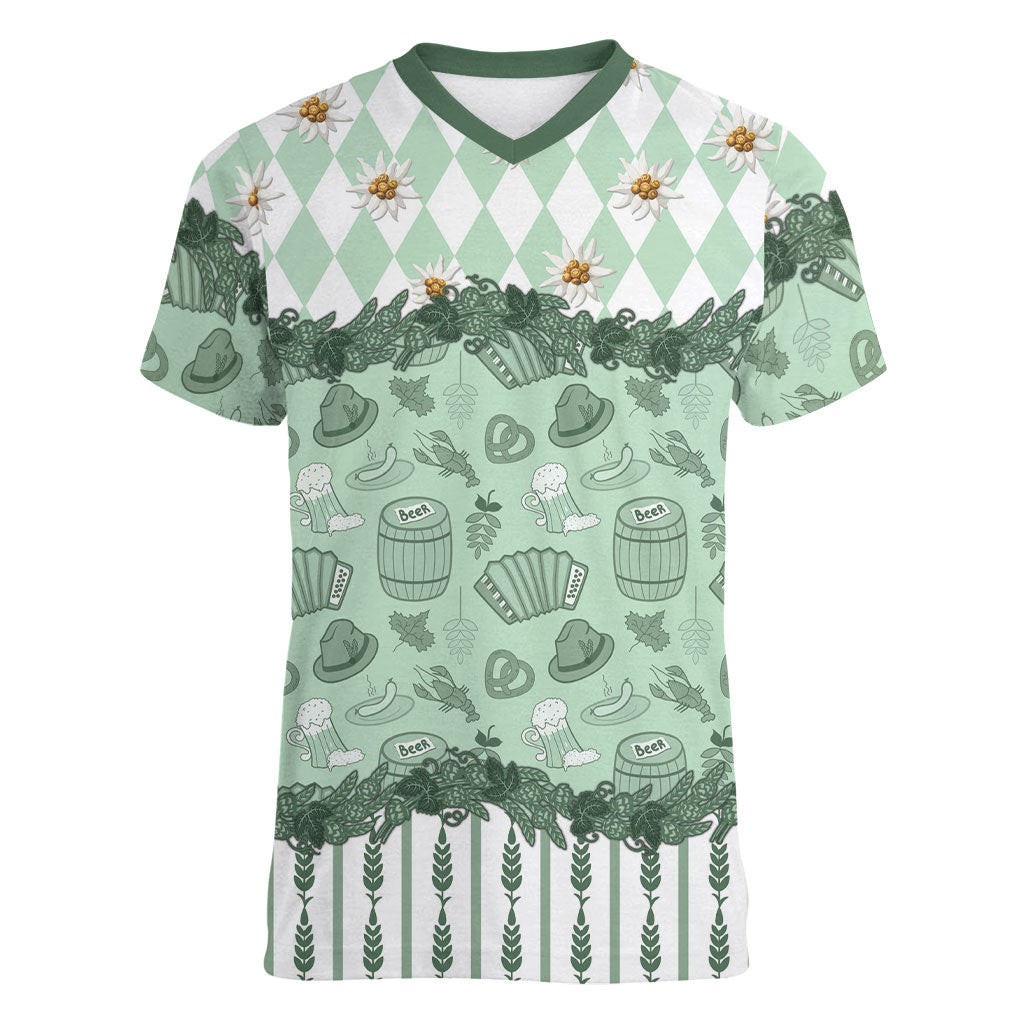 Oktoberfest Bavarian Heritage Women V-Neck T-Shirt Edelweiss Beer Festival Green Pattern