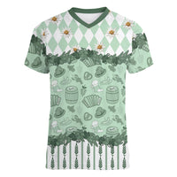 Oktoberfest Bavarian Heritage Women V-Neck T-Shirt Edelweiss Beer Festival Green Pattern