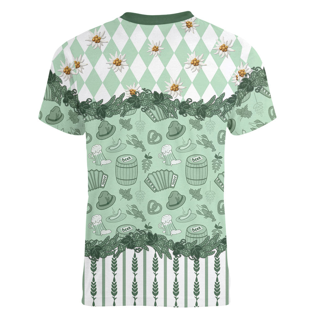 Oktoberfest Bavarian Heritage Women V-Neck T-Shirt Edelweiss Beer Festival Green Pattern