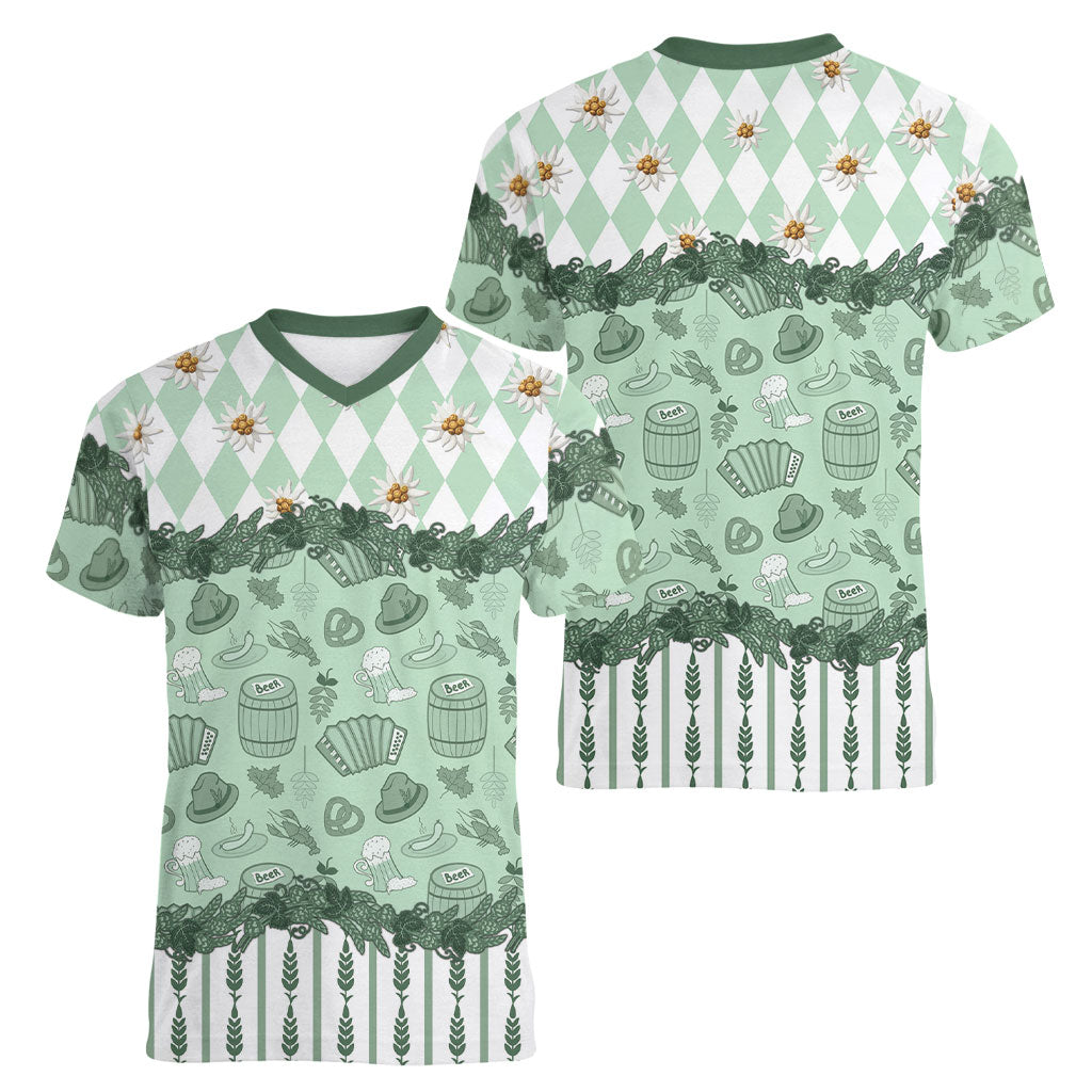 Oktoberfest Bavarian Heritage Women V-Neck T-Shirt Edelweiss Beer Festival Green Pattern