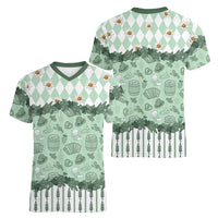 Oktoberfest Bavarian Heritage Women V-Neck T-Shirt Edelweiss Beer Festival Green Pattern