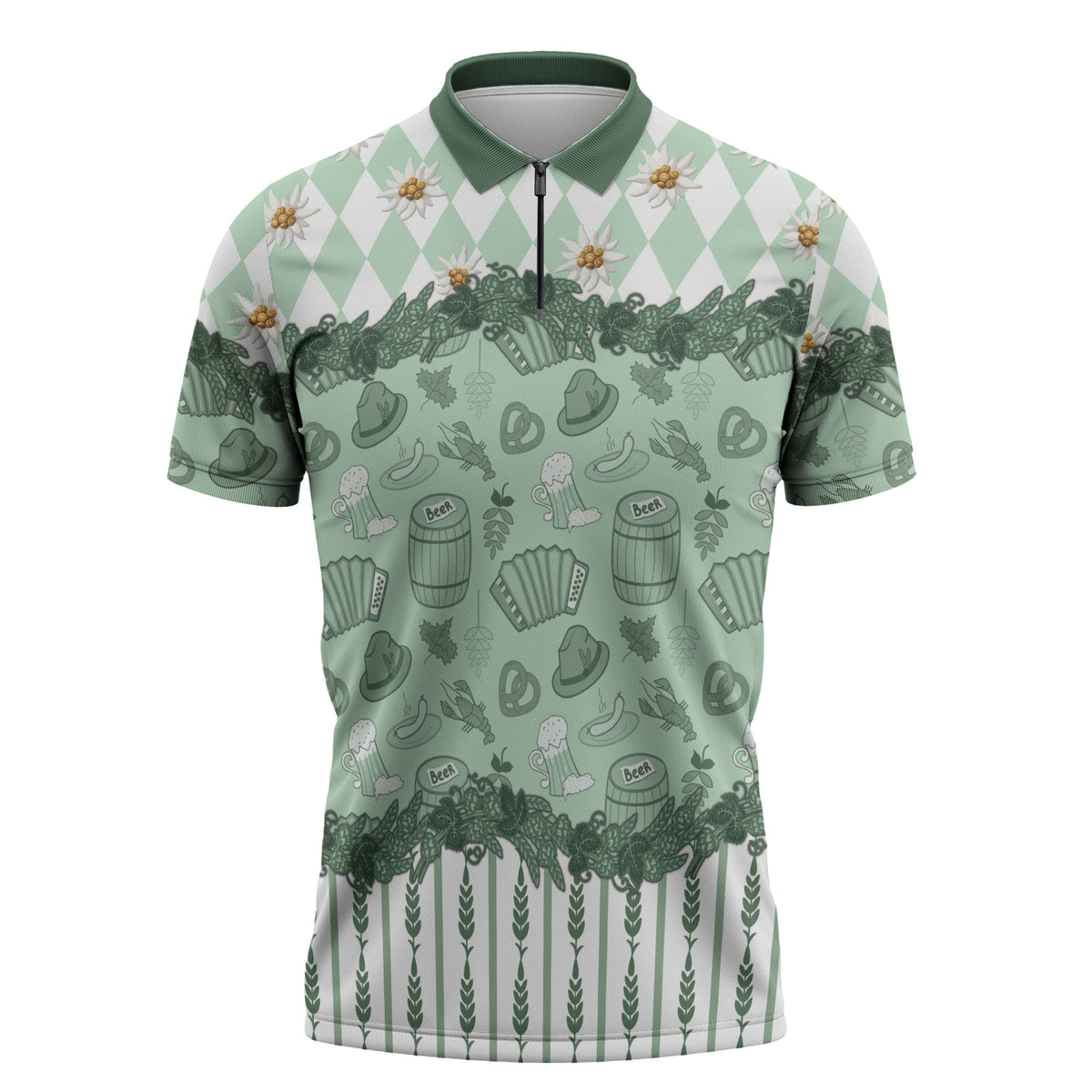 Oktoberfest Bavarian Heritage Zipper Polo Shirt Edelweiss Beer Festival Green Pattern
