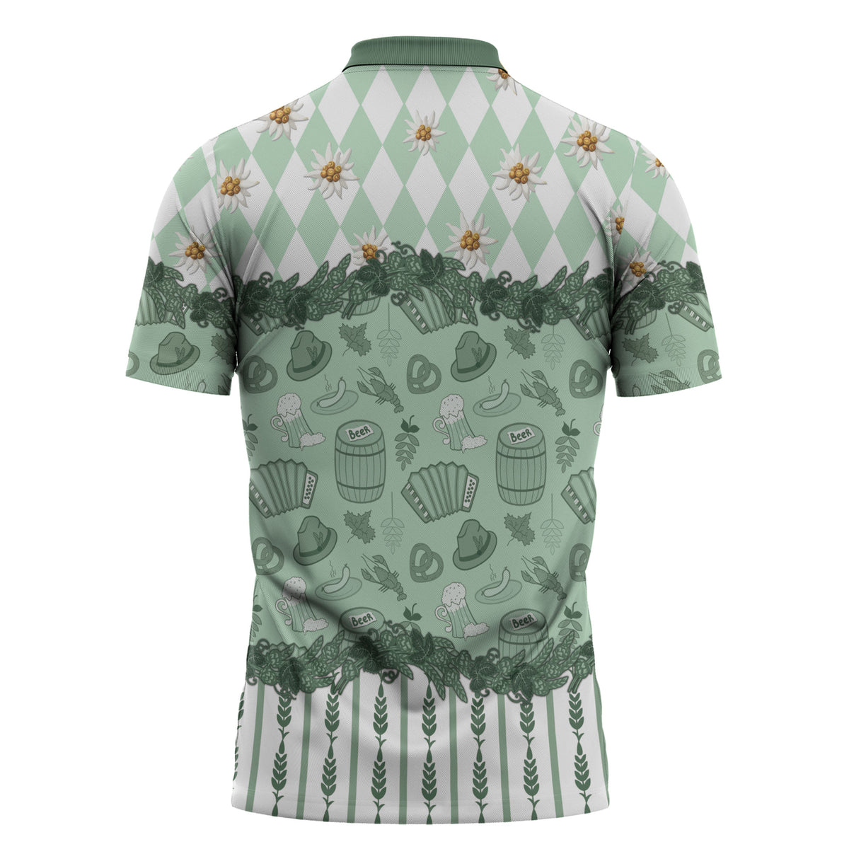 Oktoberfest Bavarian Heritage Zipper Polo Shirt Edelweiss Beer Festival Green Pattern