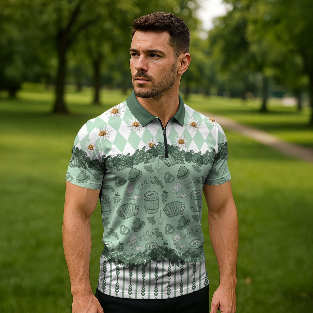 Oktoberfest Bavarian Heritage Zipper Polo Shirt Edelweiss Beer Festival Green Pattern