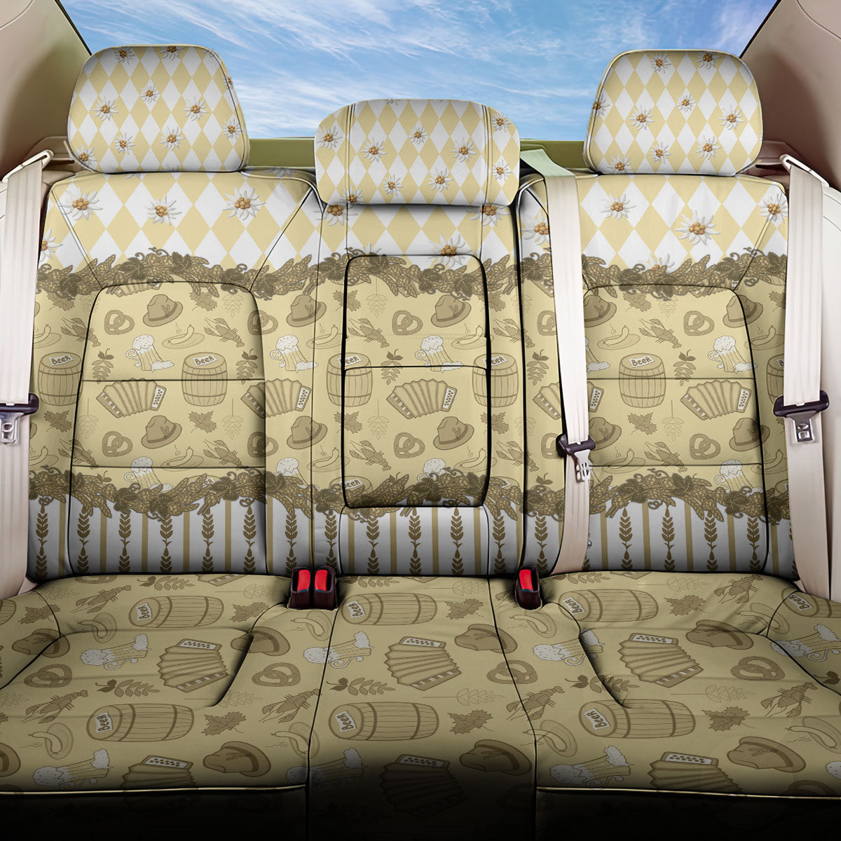 Oktoberfest Bavarian Heritage Back Car Seat Cover Edelweiss Beer Festival Gold Pattern