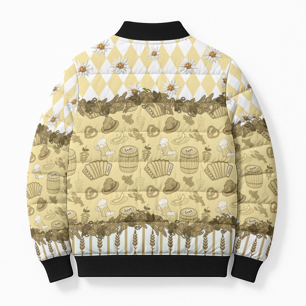 Oktoberfest Bavarian Heritage Bomber Puffer Jacket Edelweiss Beer Festival Gold Pattern