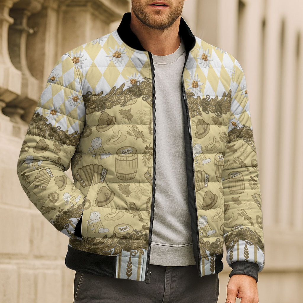 Oktoberfest Bavarian Heritage Bomber Puffer Jacket Edelweiss Beer Festival Gold Pattern