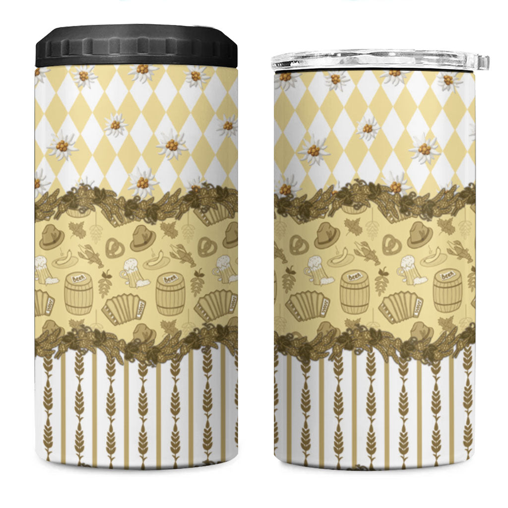 Oktoberfest Bavarian Heritage 4 in 1 Can Cooler Tumbler Edelweiss Beer Festival Gold Pattern