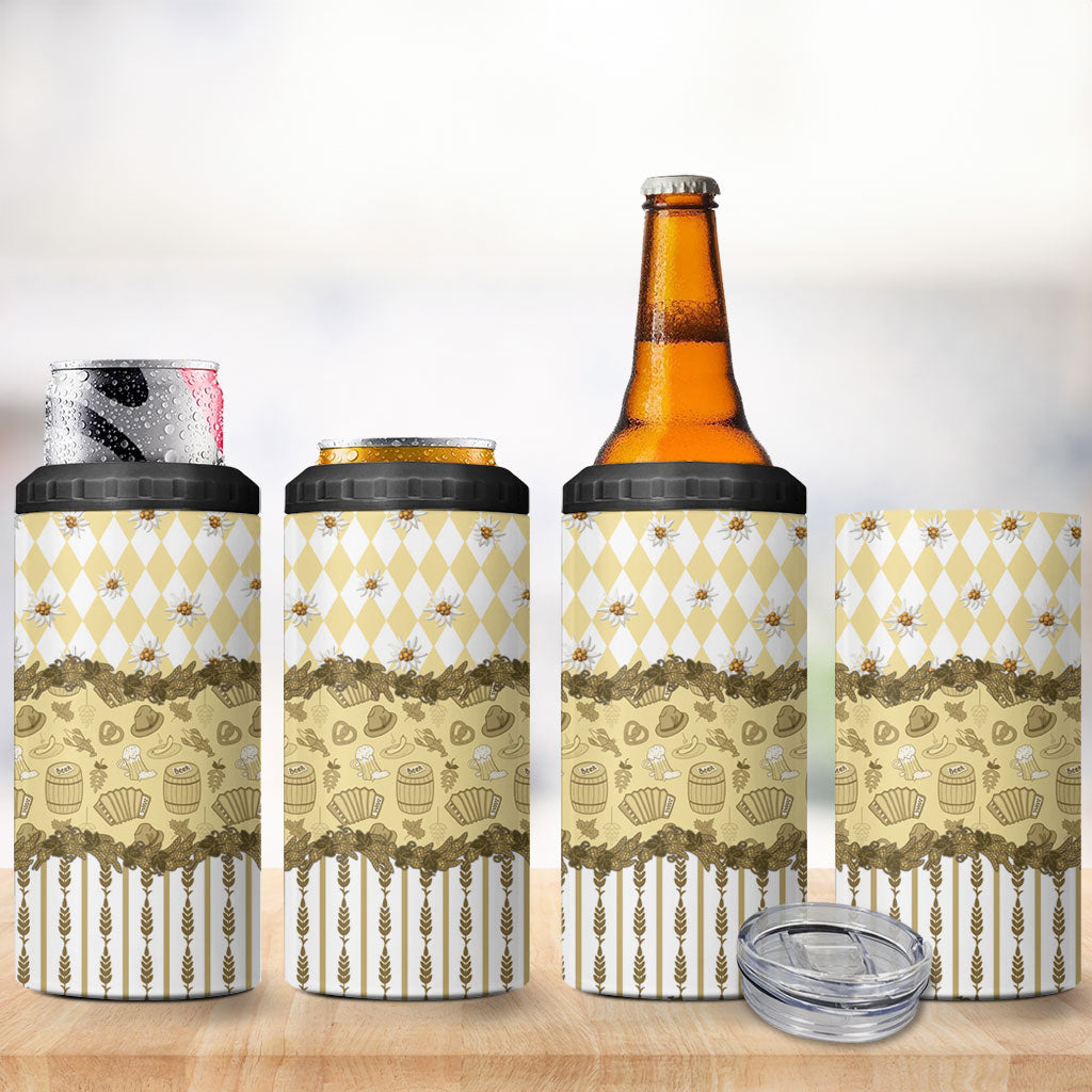Oktoberfest Bavarian Heritage 4 in 1 Can Cooler Tumbler Edelweiss Beer Festival Gold Pattern