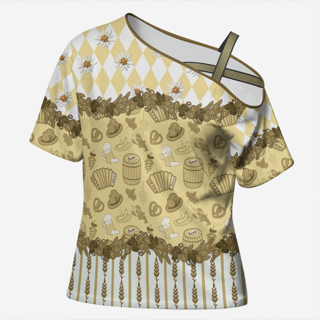 Oktoberfest Bavarian Heritage Cross Shoulder Shirt Edelweiss Beer Festival Gold Pattern